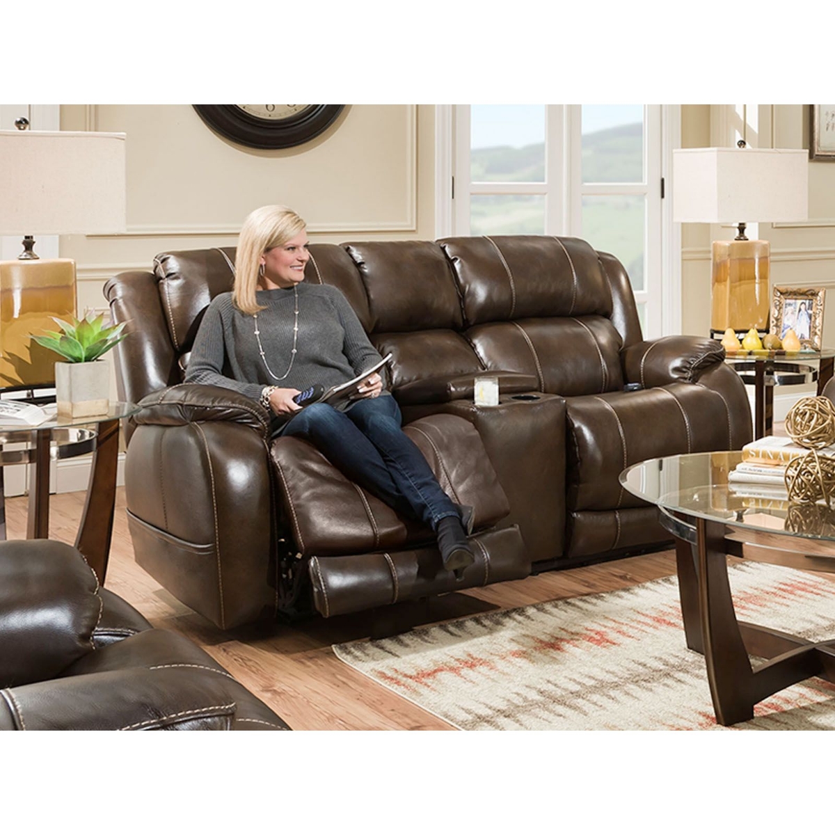 Picture of Leather Walnut Power Console Love Seat